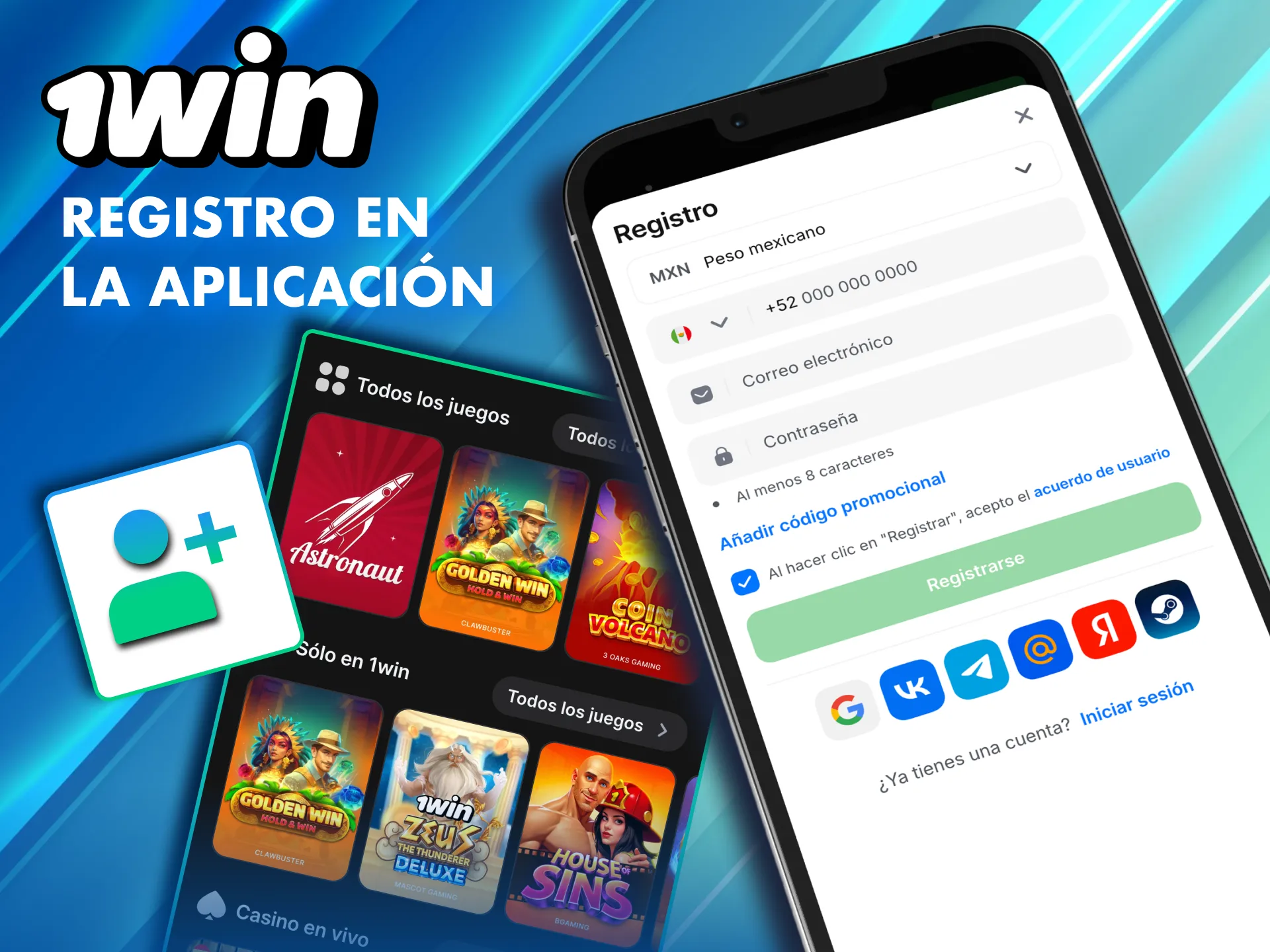 Crea tu cuenta en 1Win con correo, tel&eacute;fono o redes sociales.
