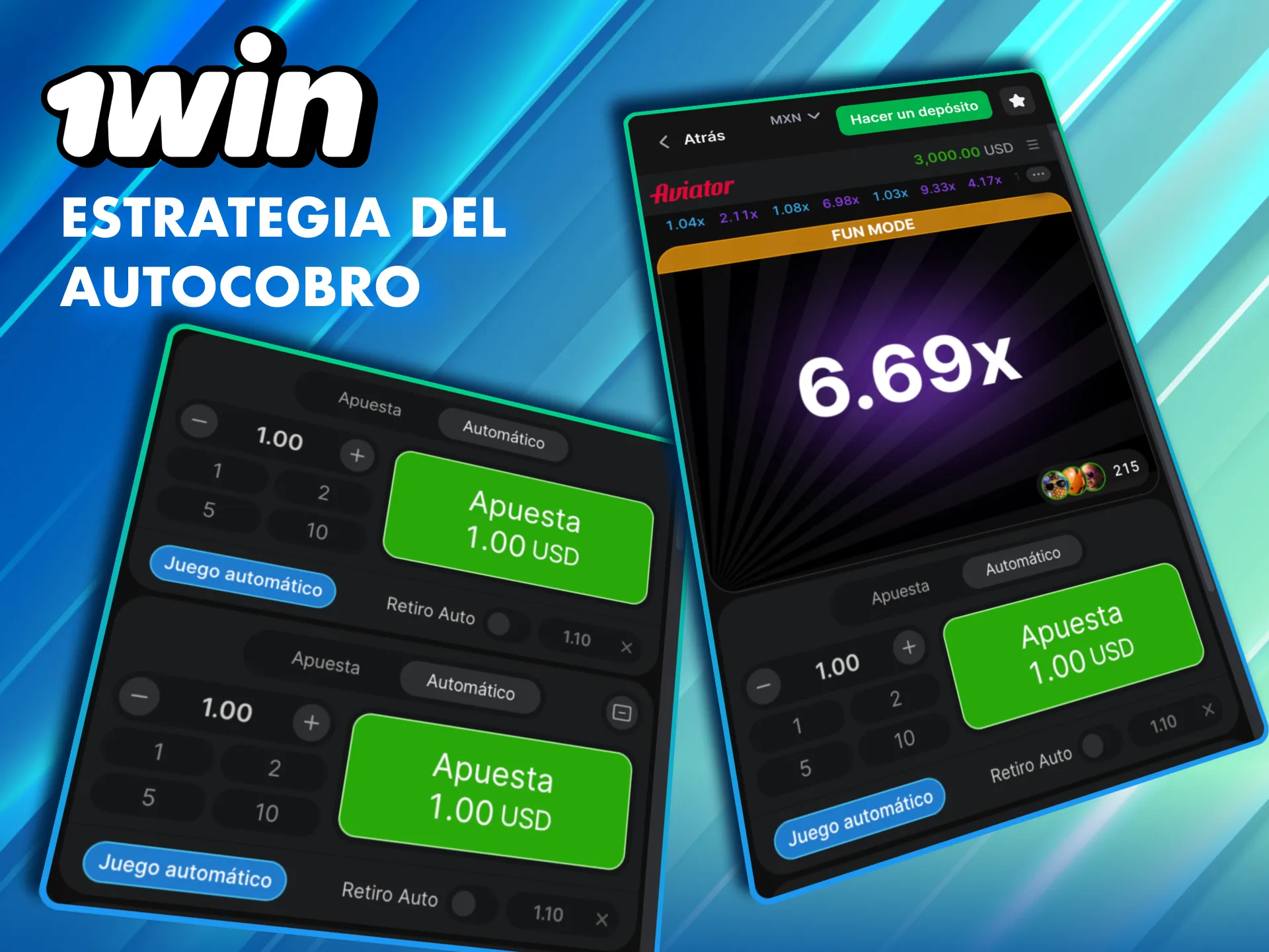 Usa el autocobro en Aviator de 1Win M&eacute;xico para retirar sin depender de tu reflejo.