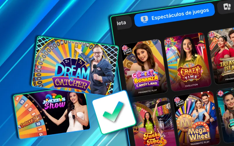 Shows en vivo en 1Win M&eacute;xico como Mega Ball y Dream Catcher.