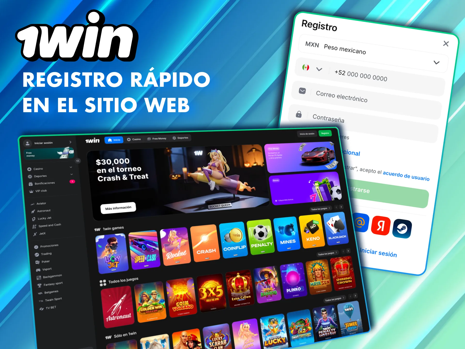 Registro r&aacute;pido en el sitio web oficial de 1Win M&eacute;xico.