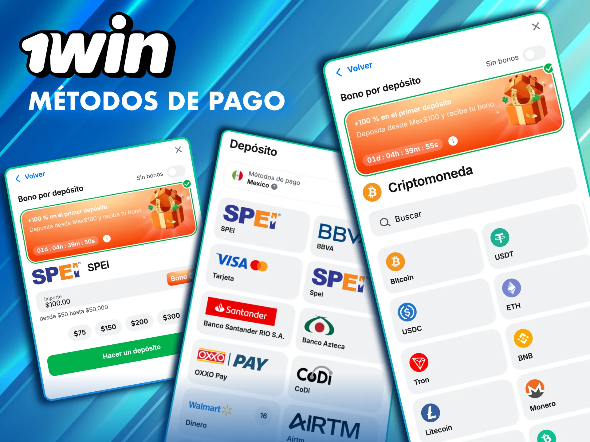 Métodos de pago locales disponibles en la app 1Win México.
